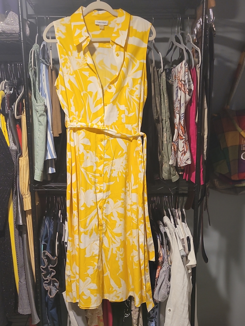 Calvin Klein Yellow and White Floral Sleeveless Shirt Dress